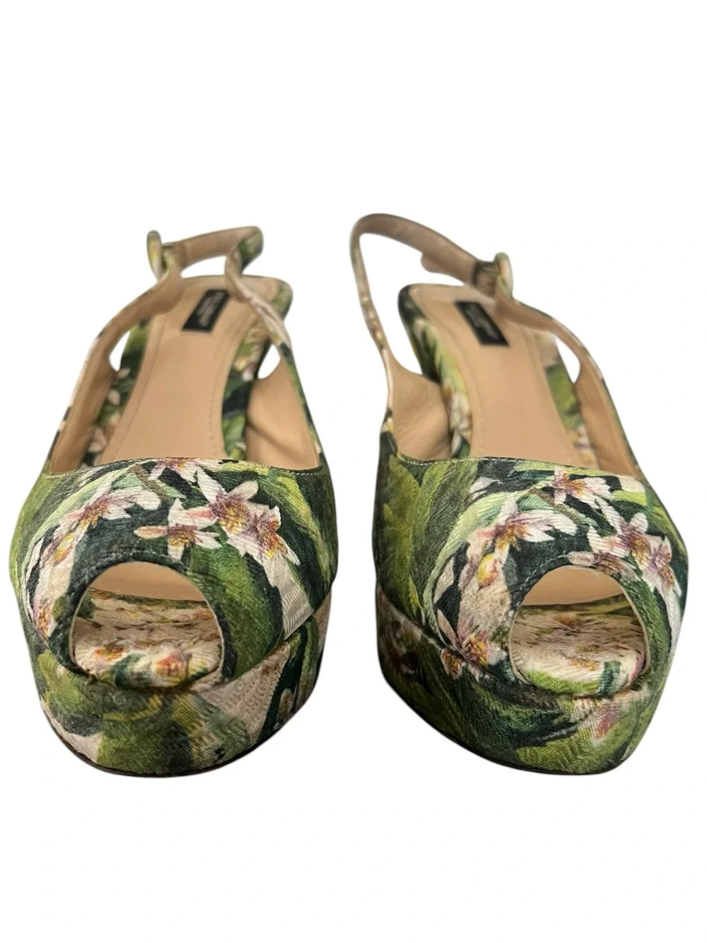 Dolce & Gabbana Women’s Green Floral Cloth Jaquard Y2K Peep Toe Heels Size 39